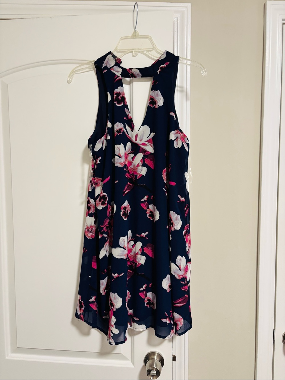 MIAMI, Navy Floral Keyhole Swing Dress - Pink & White Blooms, Size Small